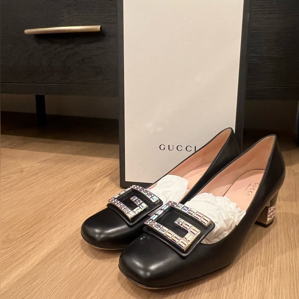 Gucci Madeleine Crystal Leather Black Mid-Heel Pump